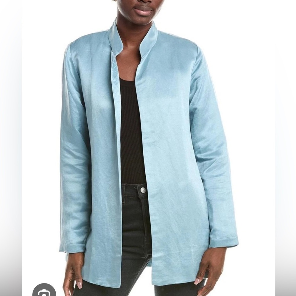 Eileen‎ Fisher Light Blue Open-Front  organic linen and silk stand collar Jacket